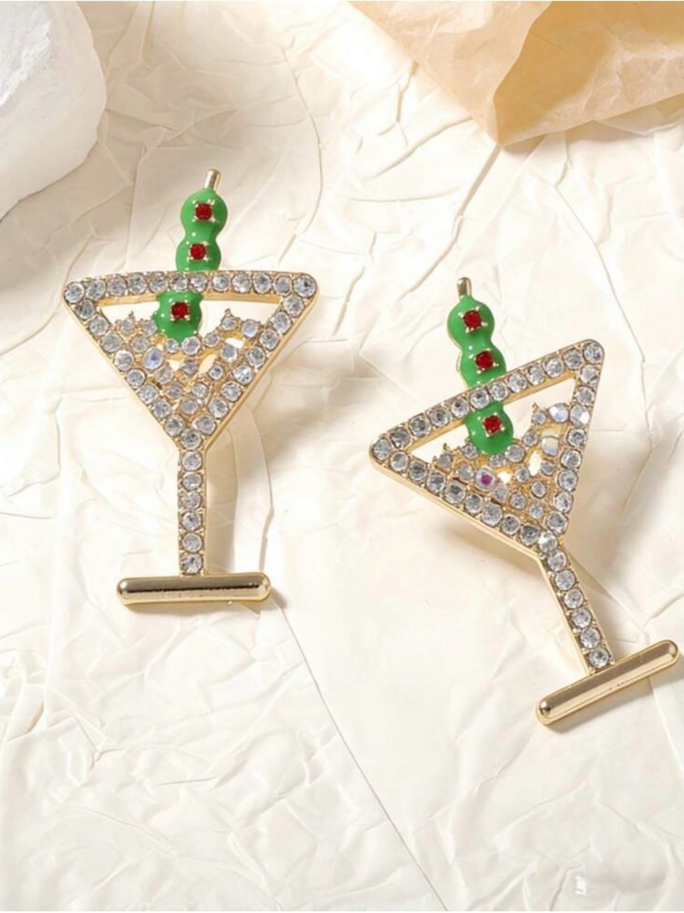 Gold Crystal Martini Glass Earrings with Green Olive Accent